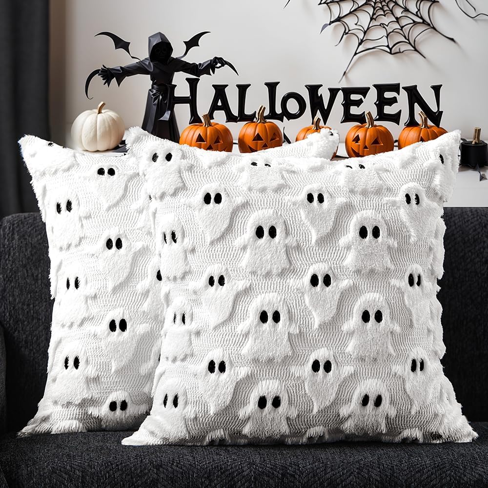 DFXSZ Halloween Pillow Covers 18x18 inch Set of 2 White Ghost Throw Pillow Cases Soft Plush Faux Fur Wool Couch Cushion Case for Chair Sofa Bedroom Living Room Home Decor PTK03A18