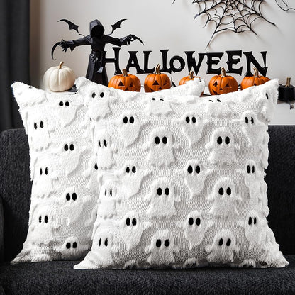 DFXSZ Halloween Pillow Covers 18x18 inch Set of 2 White Ghost Throw Pillow Cases Soft Plush Faux Fur Wool Couch Cushion Case for Chair Sofa Bedroom Living Room Home Decor PTK03A18