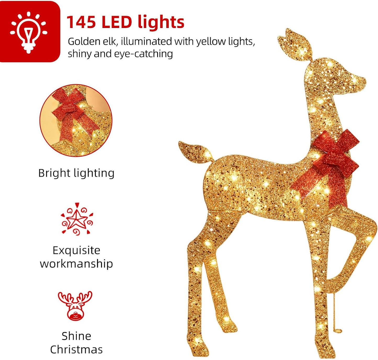 3-Piece 2D Lighted Christmas Deer Family Set - HOYECHI Large Outdoor Yard Reindeer Holiday Decoration with 145 LED Lights, Stakes, Zip Ties - Gold
