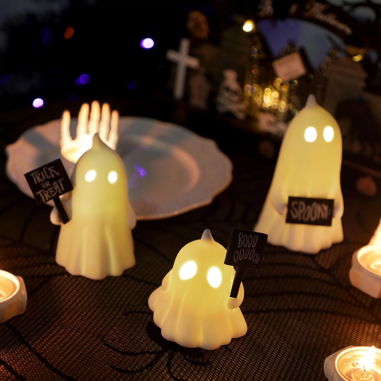FORUP Halloween Ghost Decor, Set of 3 Lighted Cute Ghost for Halloween Indoor Home Table Decorations