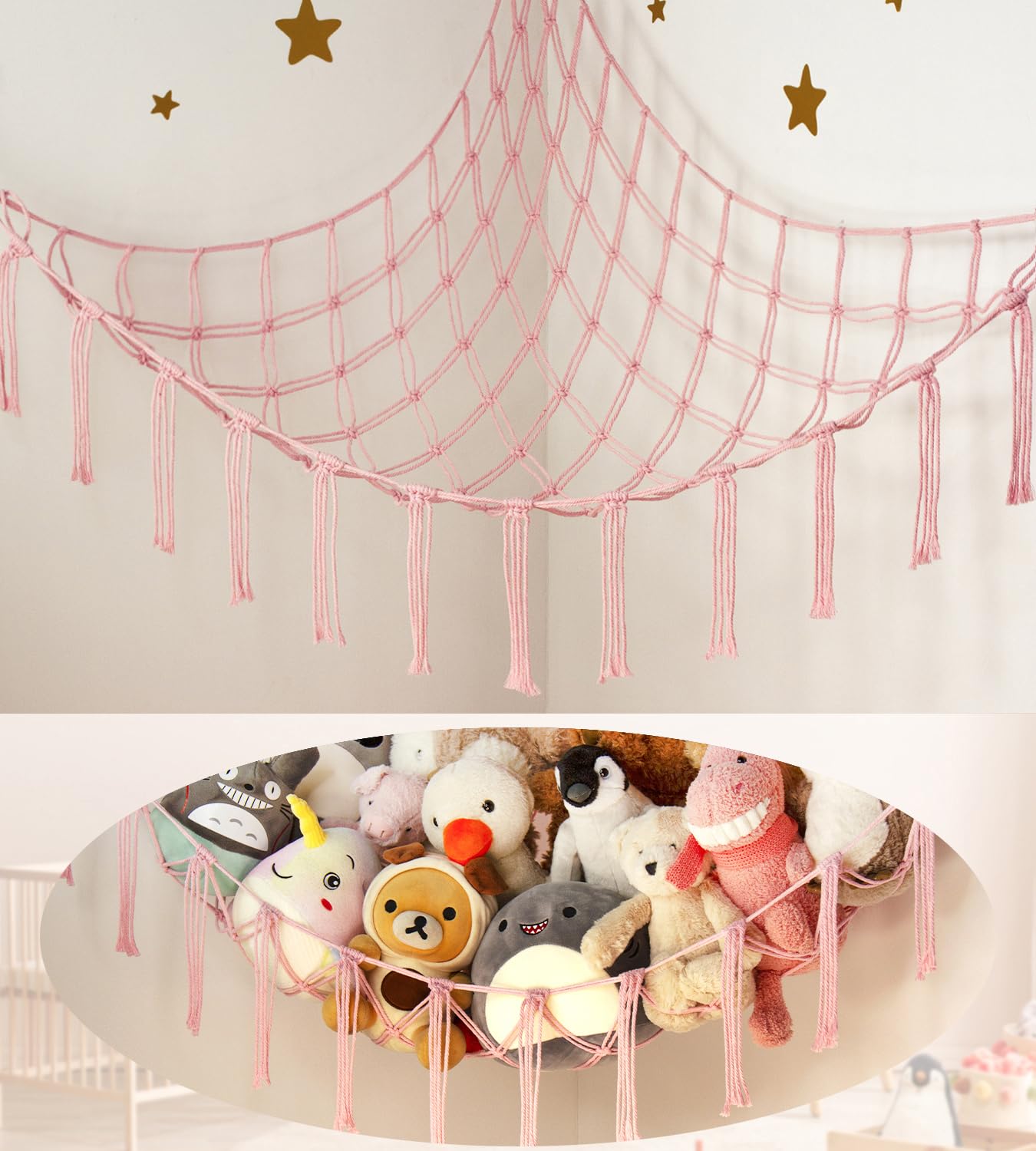 Stuffed Animal Storage Hammock or Net Corner - Large Toy Hammock Net for Stuffed Animals Room Decor - Cute Stuff Animal Organizer Plush Holder - Kids Baby Nursery Essentials Wall Bedroom Home Decor