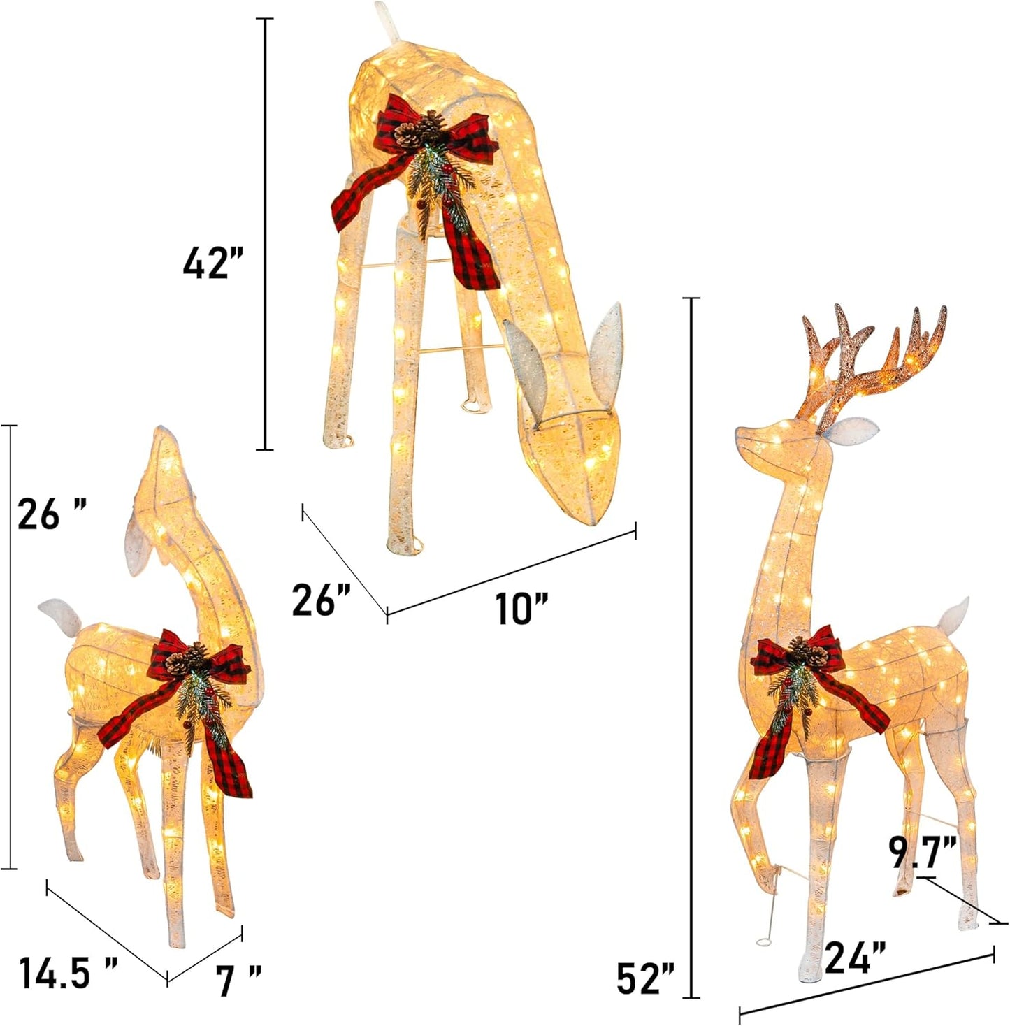 Hourleey 3-Piece Pre-Lit Reindeer Family Set, 3D Plug in 170 Count Warm White Lighted Decoration, Waterproof Outdoor Christmas Deer Decor for Yard, Patio, Lawn, Garden, Party
