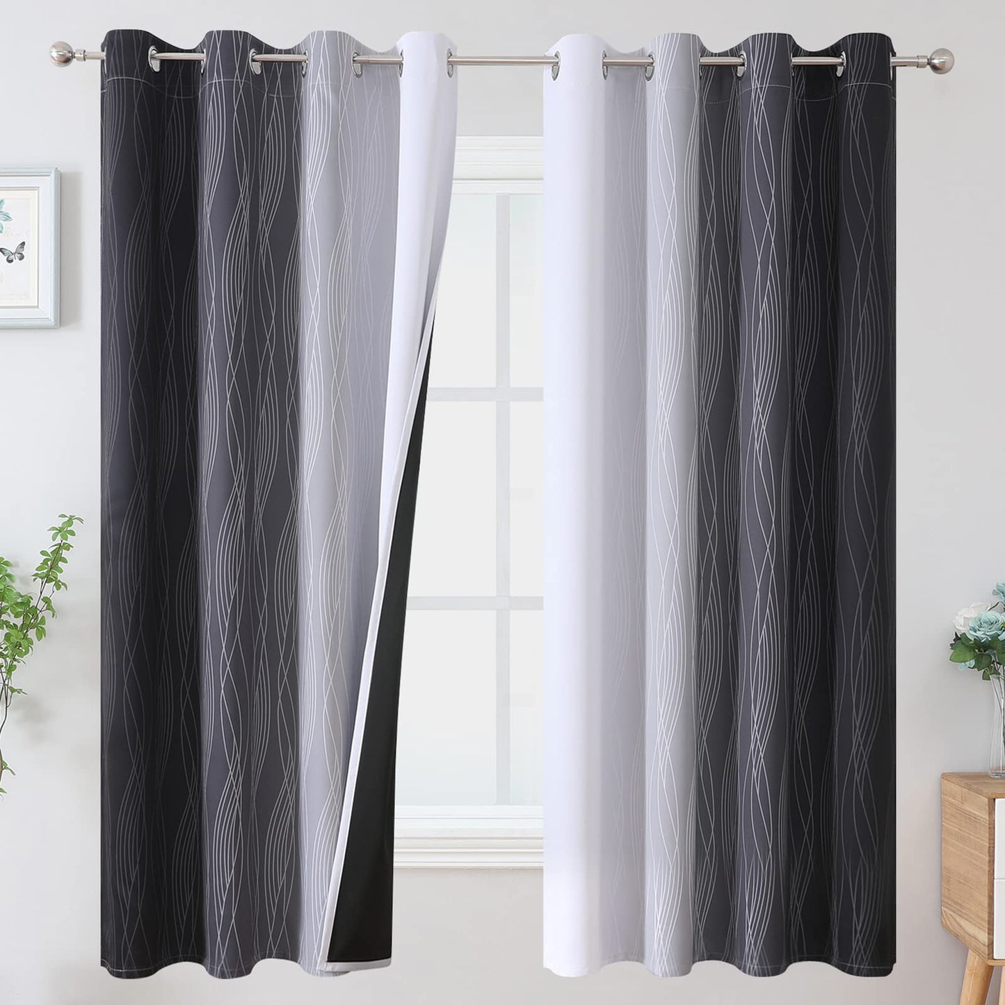 Estelar Textiler Beige and Greyish White Blackout Curtains for Living Room, Full Room Darkening Gradient Drapes for Bedroom, Thermal Insulated Ombre Grommet Curtains for Dining Room,52Wx84L,2 Panels