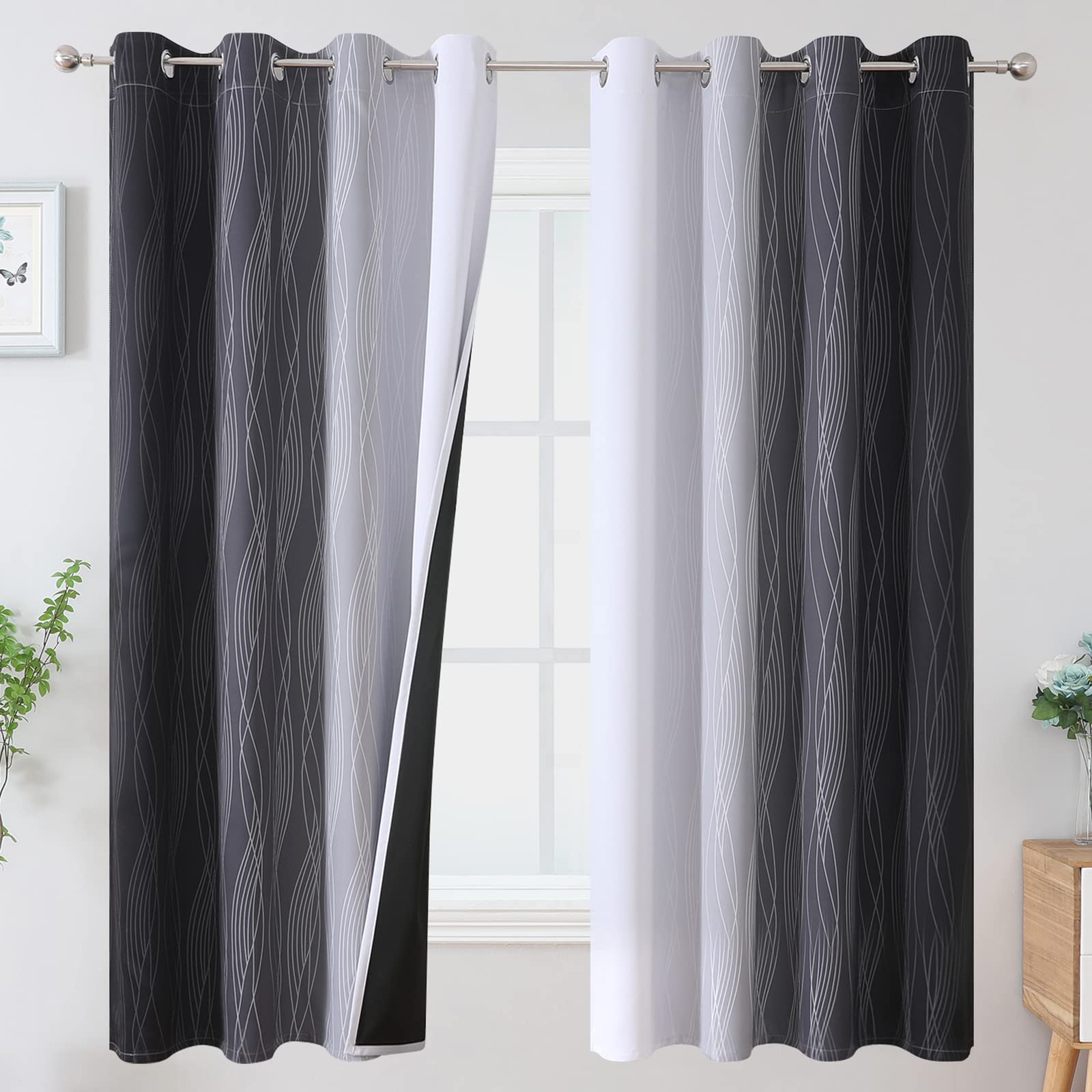 Estelar Textiler Beige and Greyish White Blackout Curtains for Living Room, Full Room Darkening Gradient Drapes for Bedroom, Thermal Insulated Ombre Grommet Curtains for Dining Room,52Wx84L,2 Panels