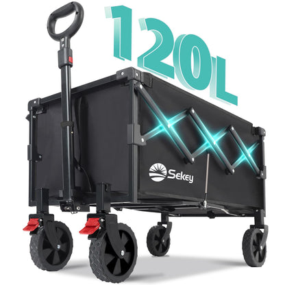 Sekey Heavy Duty Wagon with Big Wheels, Foldable Cart with 220LBS Capacity, Utility Lightweight Wagon, Collapsible Grocery Shopping Cart for Camping Sports & Holiday. Black