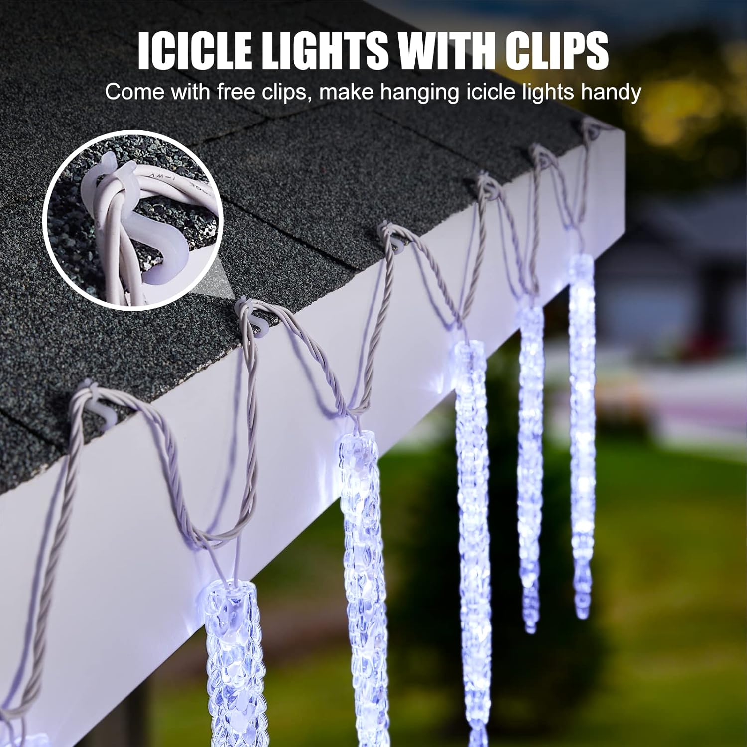 Minetom Icicle Lights Outdoor with Clips, 20ft 100 LED 20 Tubes Twinkling White Christmas String Lights, Connectable Waterproof Hanging Icicle String Light Plug in for Eave Holiday Outdoor