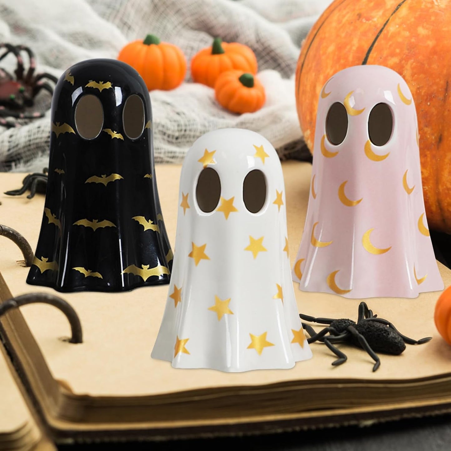 DAZONGE Halloween Decor Indoor, Set of 3 Ceramic Ghosts with Witch Hats, Cute Spooky Ghost Figurines for Mantel, Shelf & Tabletop Decor, Halloween Decorations