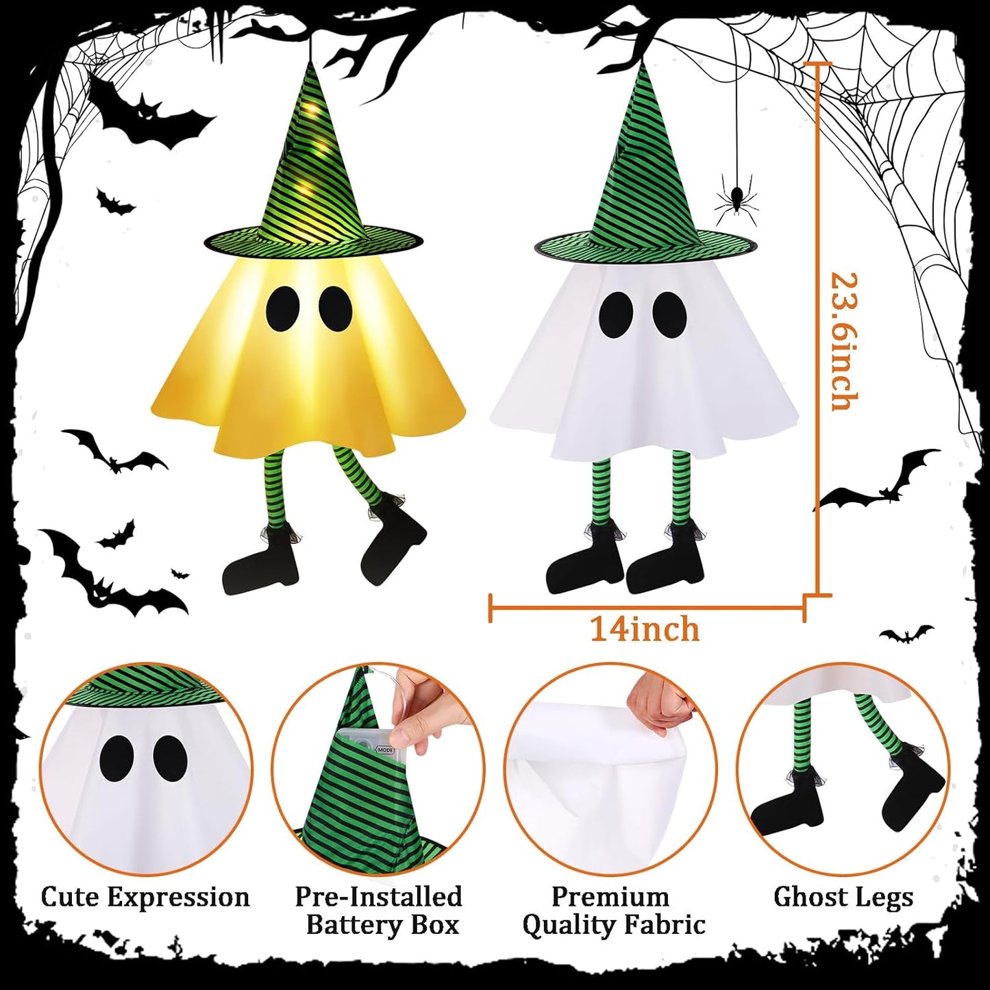 3 PCS Halloween Hanging Ghosts - Halloween Decorations Outdoor Hanging Ghosts with Witch Hats, Glowing Ghost Witch Hats Lights, Halloweens Ghosts Decor for Yard Door Patio Garden Tree Outside