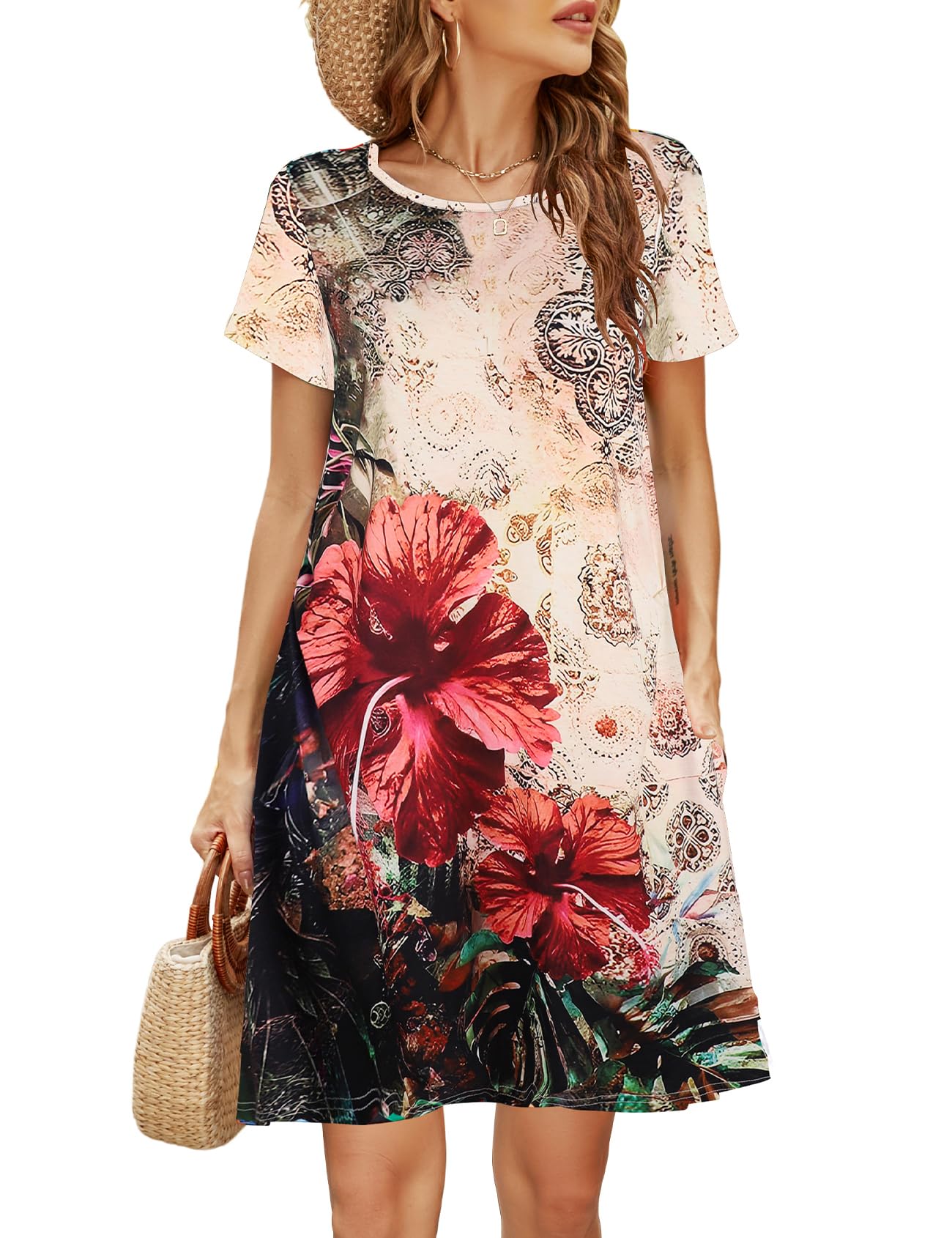 Halife Womens Summer Casual Tshirt Dress Loose Lace Hem Short Sleeve Beach Sundresses with Pockets