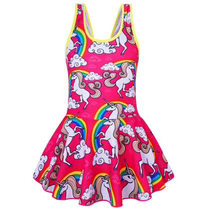 Akokvlar Girl One Piece Swimsuit with Skirt Bathing Suit Swimwear 3-16Y