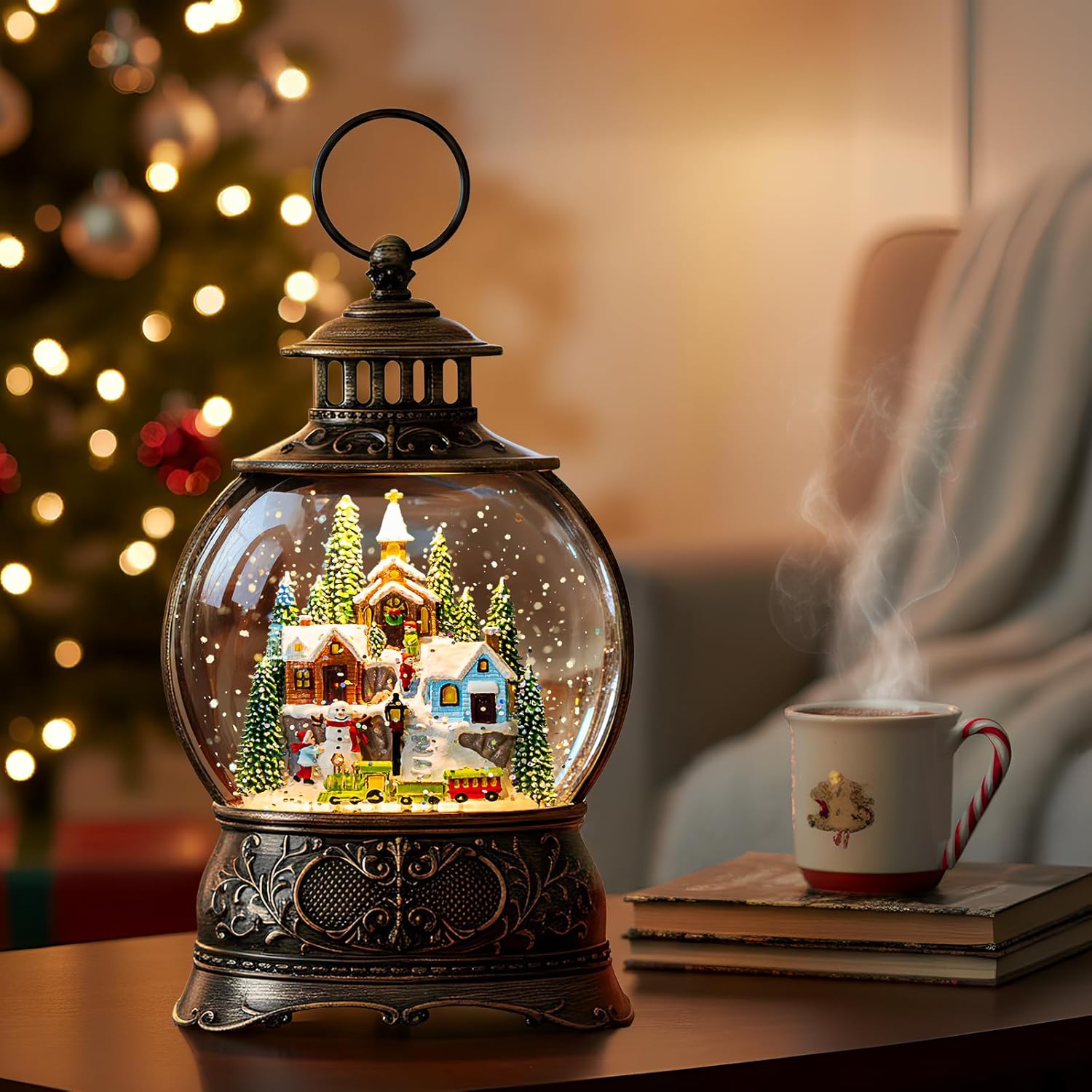 Christmas Snow Globes Christmas Water Lantern with Snowy Train Snowman, Music & 6H Timer, USB Lined/Battery Operated Lighted Lanterns for Xmas Festival Decoration Gifts