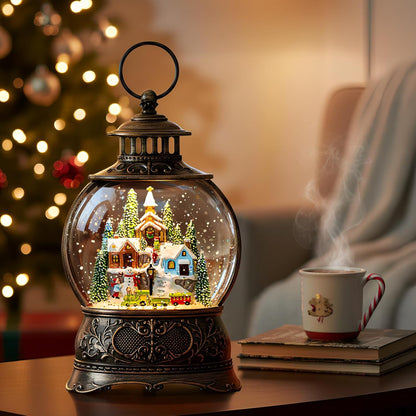 Christmas Snow Globes Christmas Water Lantern with Snowy Train Snowman, Music & 6H Timer, USB Lined/Battery Operated Lighted Lanterns for Xmas Festival Decoration Gifts