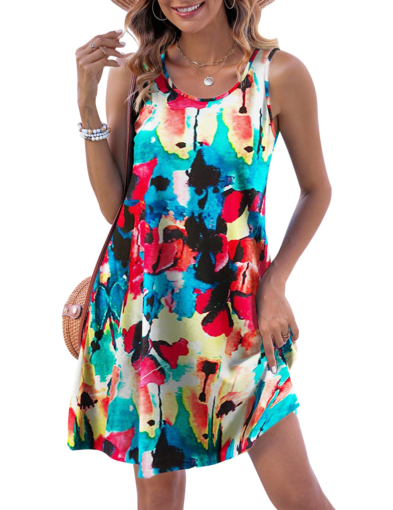 Halife Womens Summer Dresses Casual Sleeveless Tshirt Sundresses Vacation Beach Cover Up Dress with Pockets