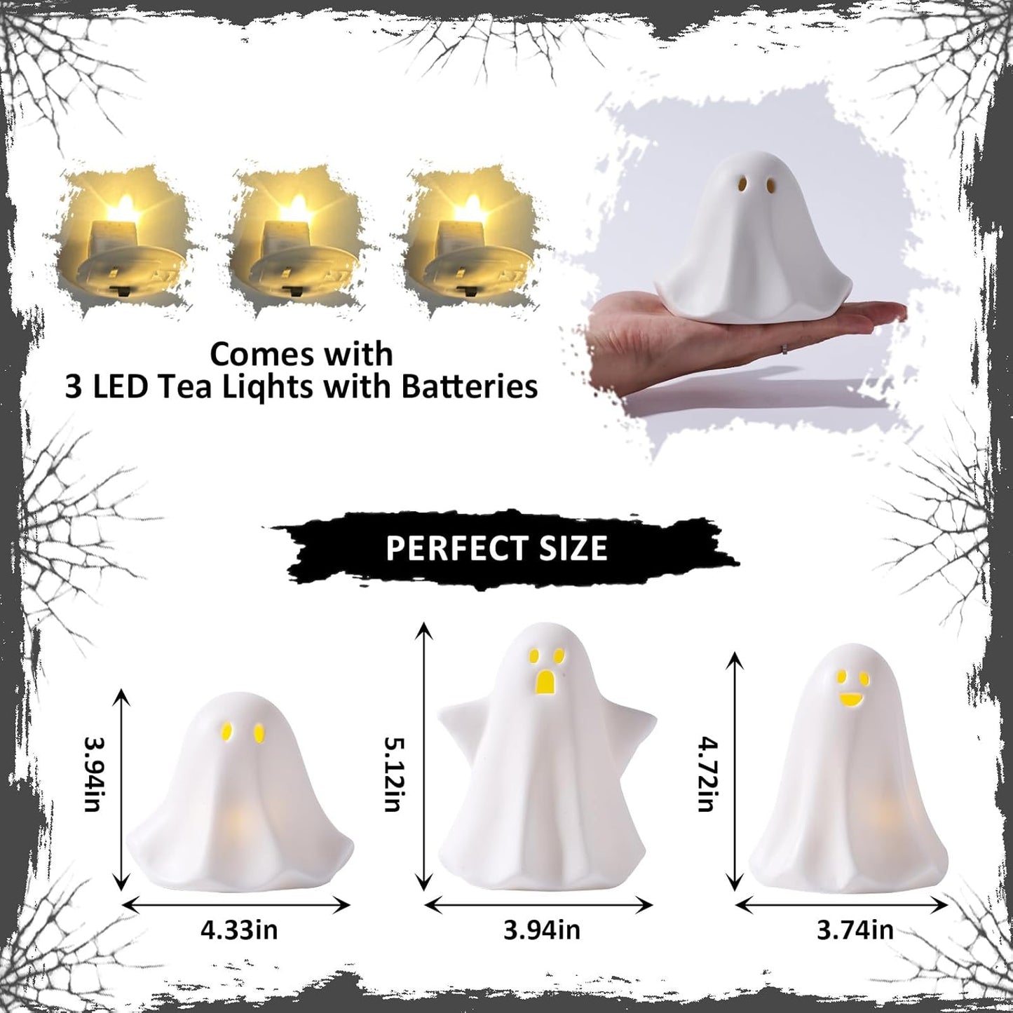 Light Up Ghost Halloween Decor, 5" Cute Halloween Decorations Indoor, 3PCS LED Ceramic Ghost for Halloween Table, Desk, Tray, Shelf, Bedroom Decor, White Spooky Decorative Ghosts Figurines