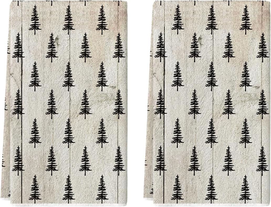 Artoid Mode Wood Xmas Tree Christmas Kitchen Towels Dish Towels, 18x26 Inch Farmhouse Holiday Winter Decoration Cleaning Set of 2