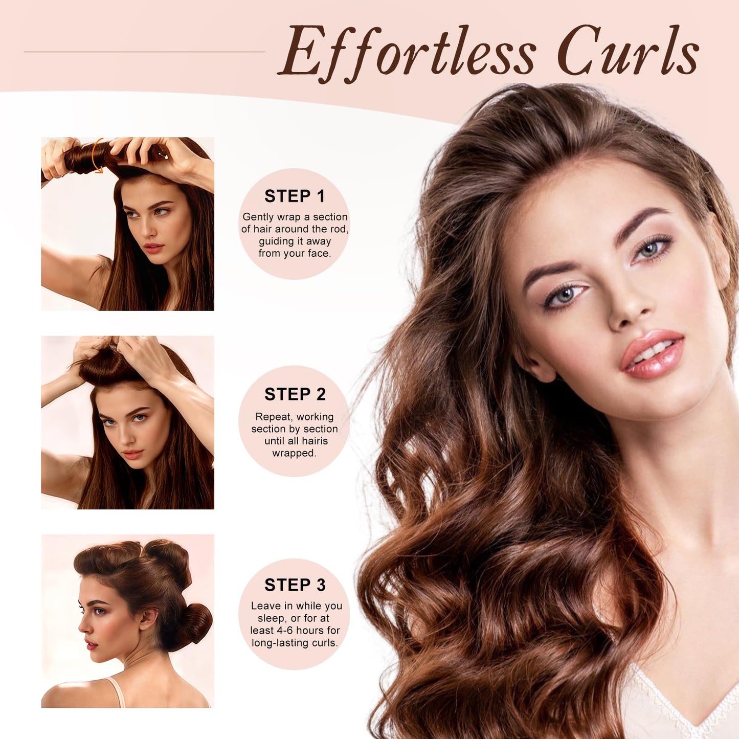 Heatless Curlers, Heatless Curls Overnight Set for Women, Soft Hair Curlers to Sleep In, Jumbo No Heat Hair Curlers Set with Headscarf and Hook for Long Hair (DarkBrown, 4 Packs)