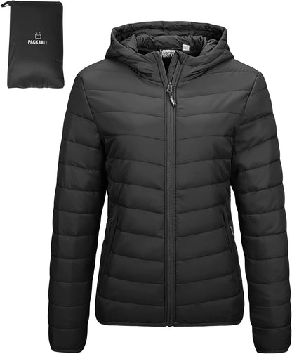 Outdoor Ventures Women's Packable Lightweight Full-Zip Puffer Jacket with Hood Quilted Winter Coat