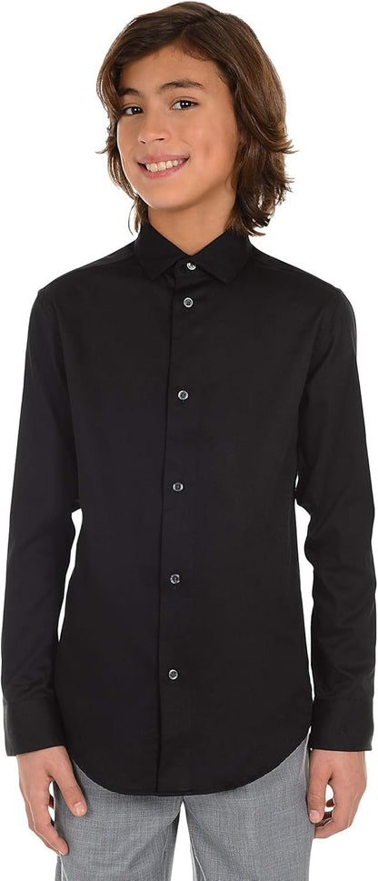 Calvin Klein Boys' Long Sleeve Sateen Dress Shirt, Button-Down Style with Cuffs & Shirttail Hem