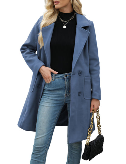 Bankeng Women Winter Wool Blend Camel Mid-Long Coat Notch Double-Breasted Lapel Jacket Outwear