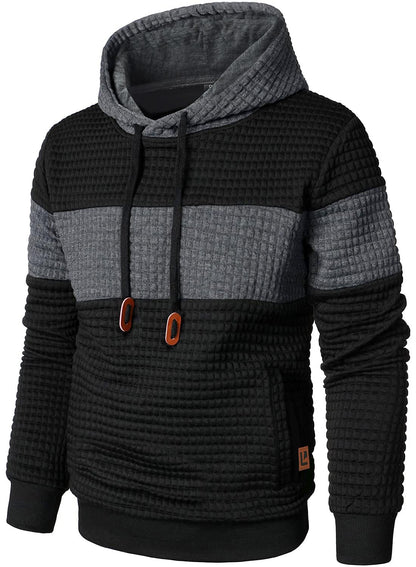 Men’s Sweatshirts Long Sleeve Pullover Patchwork Plaid Jacquard Hoodie Casual Drawstring Hoody Top