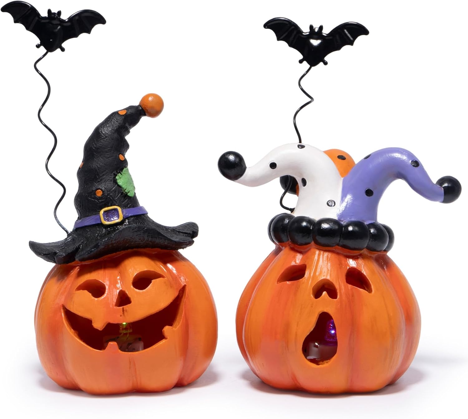 Hodao Halloween Pumpkin Decor Indoor, Resin Halloween Figurines with Light, Jack O Lantern Decorations with Witch Hat & Flying Bat for Home Bedroom Table Office Party Gift - 2 Pcs