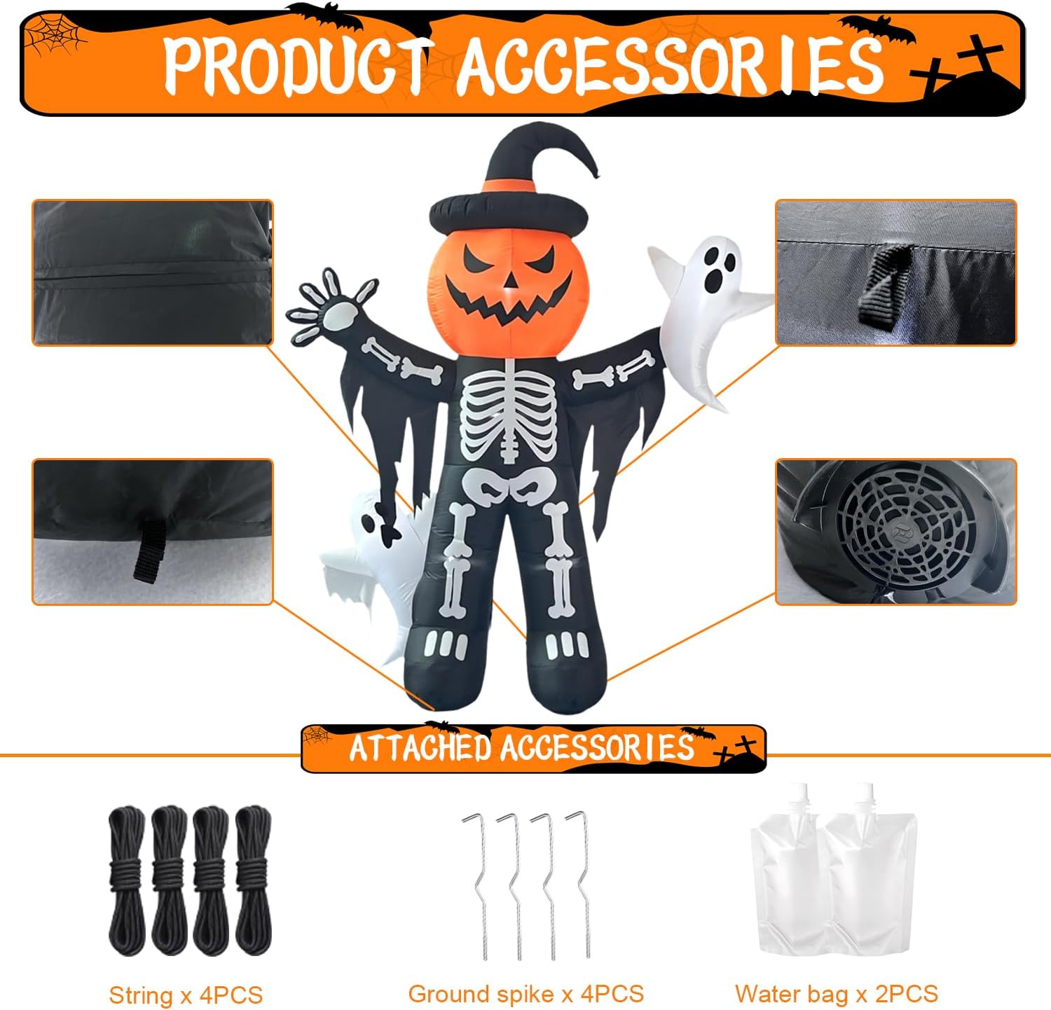 LANGXUN 8ft Skeleton Pumpkin with Ghosts 2025 Halloween Inflatable Decorations - Giant LED-Lit Outdoor Indoor Yard Decor for Lawn, Garden, Patio Holiday Parties