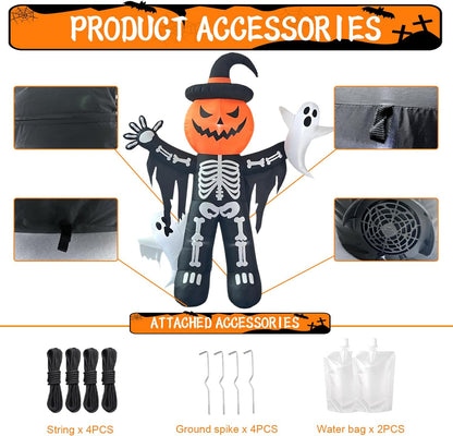 LANGXUN 8ft Skeleton Pumpkin with Ghosts 2025 Halloween Inflatable Decorations - Giant LED-Lit Outdoor Indoor Yard Decor for Lawn, Garden, Patio Holiday Parties