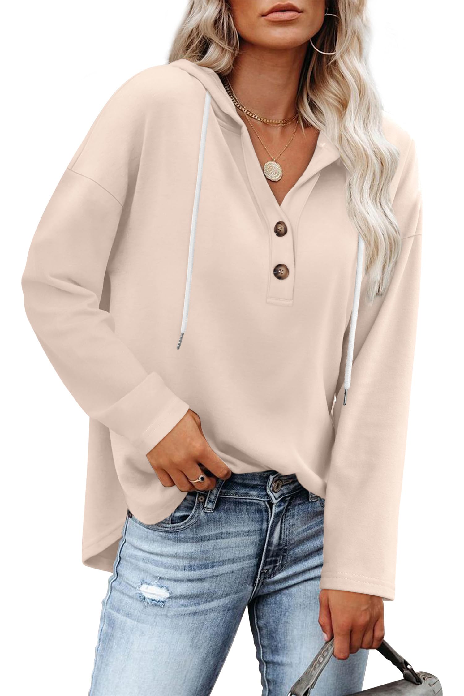 RUMIA Womens Tops V Neck Button Sweatshirt for Women Pullover Long SLeeve Shirts Fall Outfits 2025 Loose Fit S-3XL