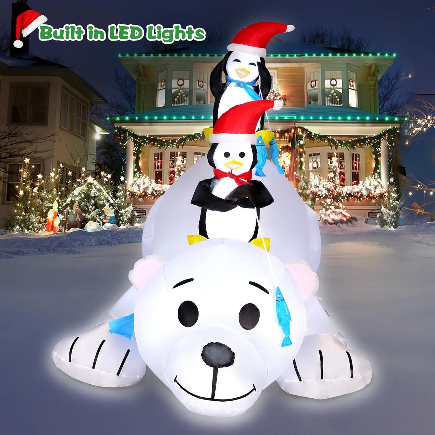6FT Christmas Inflatable Polar Bear with Penguins Outdoor Decorations, Blow up 2 Penguins Fishing on Big Polar Bear with Bright LED Lights for Xmas Decor Outside Indoor Yard Garden Lawn Holiday Party