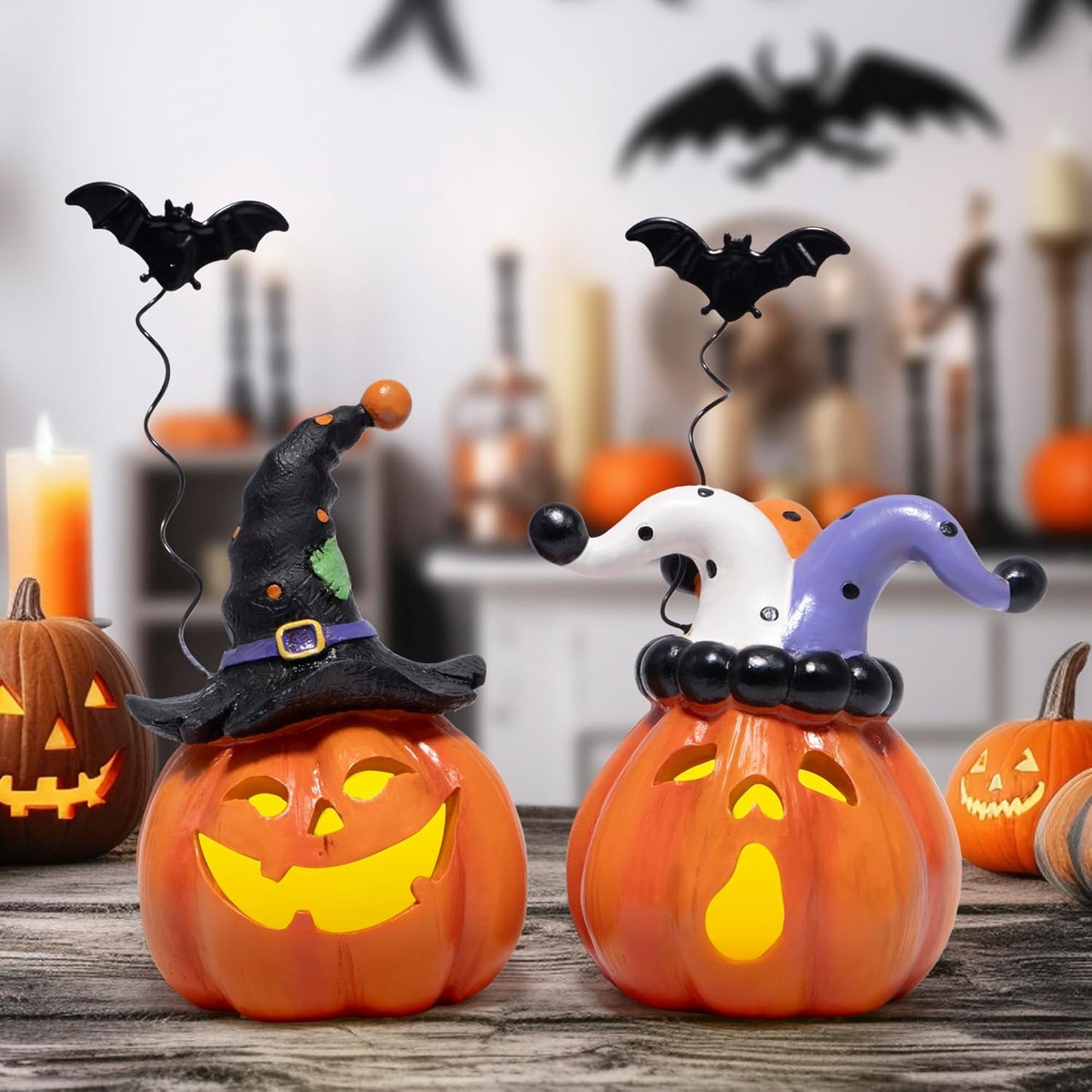 Hodao Halloween Pumpkin Decor Indoor, Resin Halloween Figurines with Light, Jack O Lantern Decorations with Witch Hat & Flying Bat for Home Bedroom Table Office Party Gift - 2 Pcs