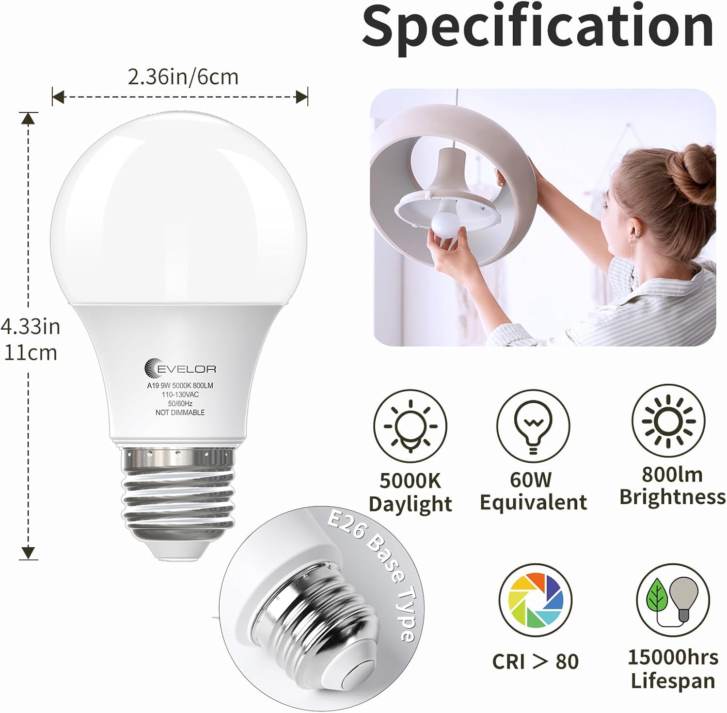 6-Pack A19 LED Light Bulbs,60 Watt Equivalent Daylight 5000K with E26 Base,Efficient 9W,800 Lumens Non-Dimmable LED Bulbs,15000 Hours, Ideal for Bedroom Living Room