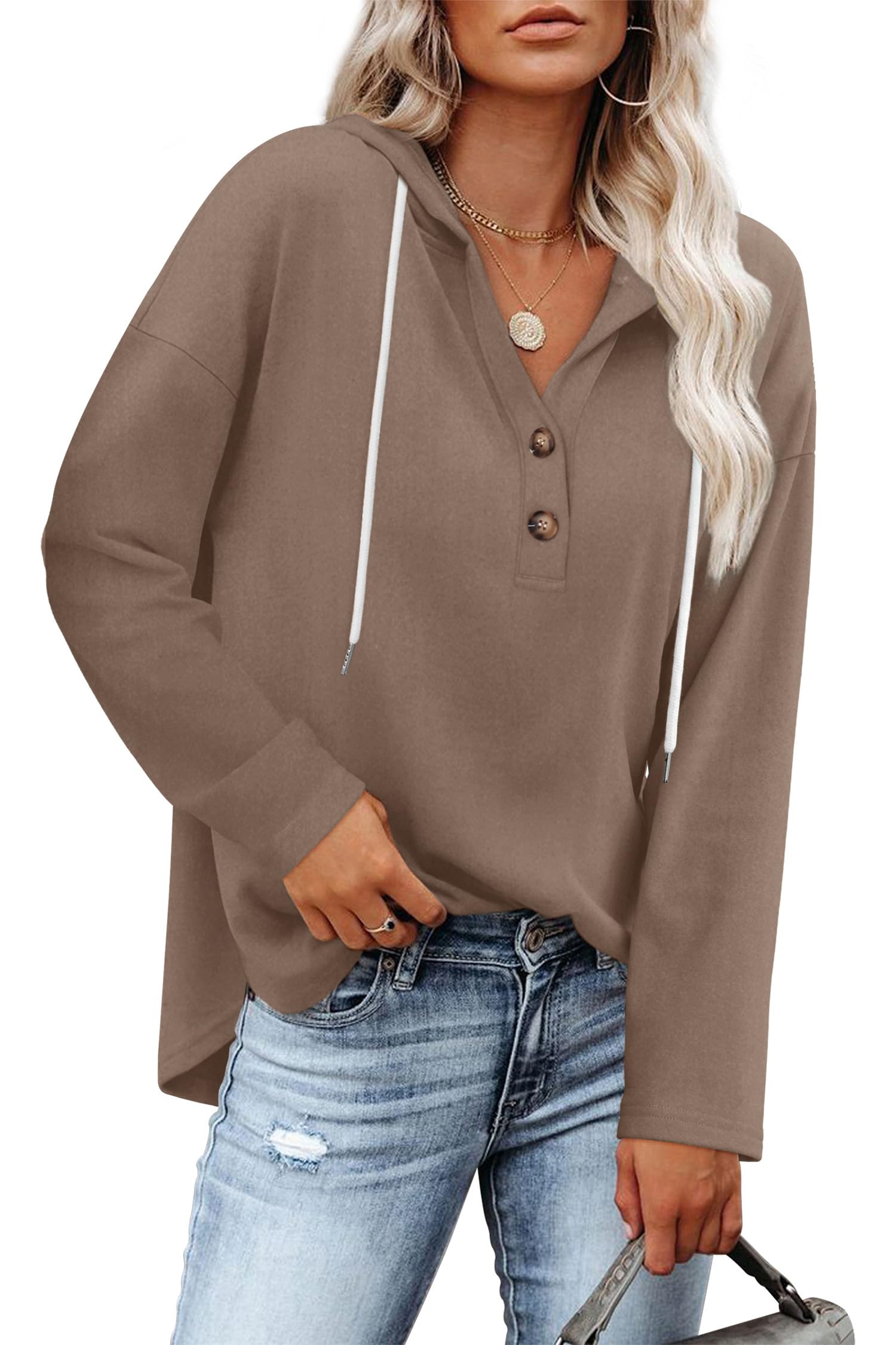 RUMIA Womens Tops V Neck Button Sweatshirt for Women Pullover Long SLeeve Shirts Fall Outfits 2025 Loose Fit S-3XL