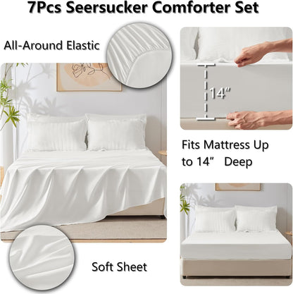 CozyLux Queen Comforter Set White Seersucker 7 Pieces Bed in a Bag Queen Comforter Set with Sheets, Luxury Soft Bedding Set with Down Alternative Comforter, Sheets, Pillowcases & Shams for All Seasons