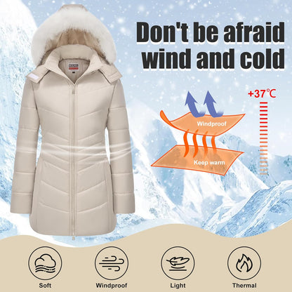 WULFUL Women's Winter Coats Long Warm Thicken Puffer Jackets Outwear With Removable Fur Hood
