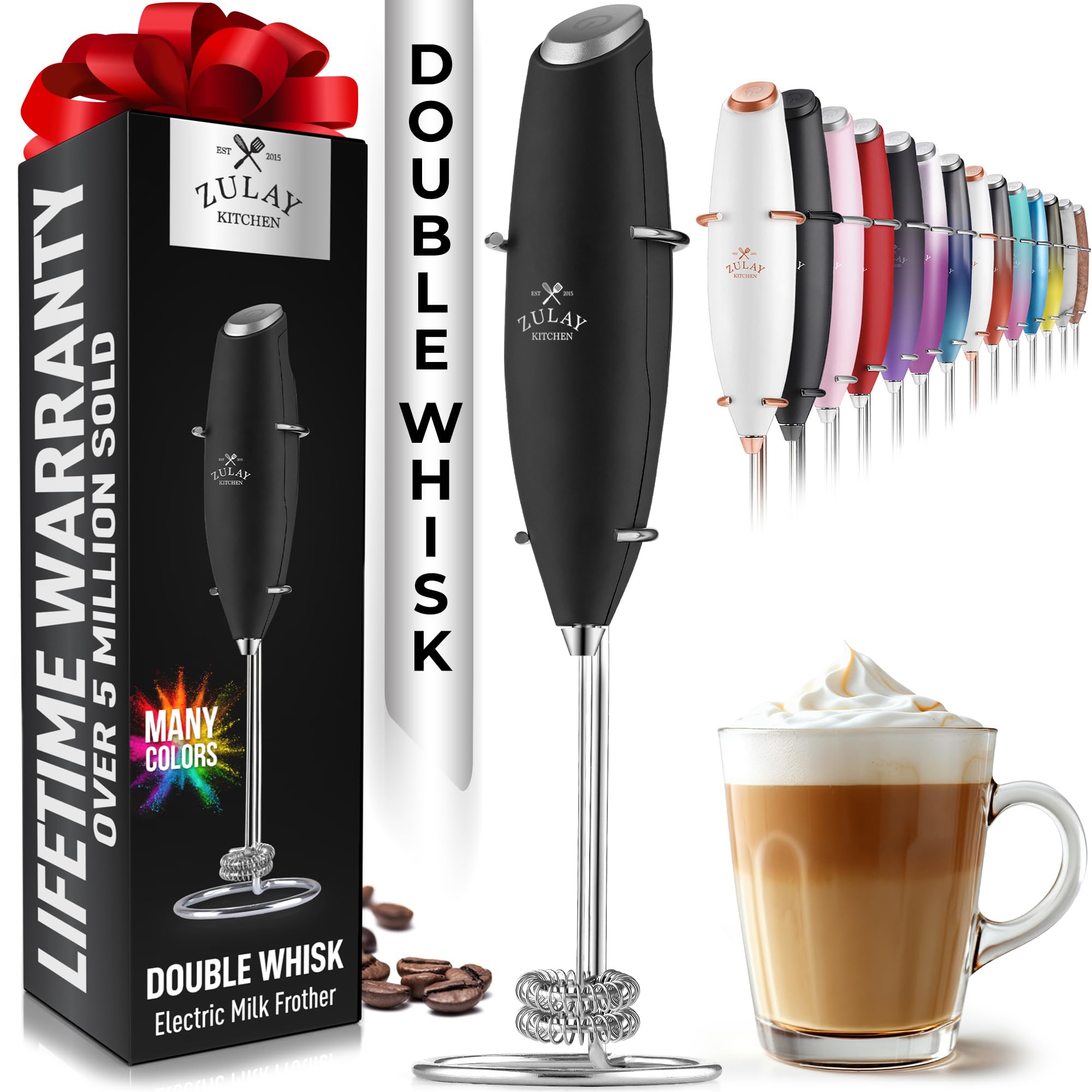 Zulay Kitchen Powerful Milk Frother Wand With 2 Duracell Batteries - Ultra Fast Handheld Drink Mixer - Electric Whisk Foam Maker for Coffee, Lattes, Cappuccino, Matcha, Hot Chocolate & Creamer - Black
