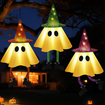 3 PCS Halloween Hanging Ghosts - Halloween Decorations Outdoor Hanging Ghosts with Witch Hats, Glowing Ghost Witch Hats Lights, Halloweens Ghosts Decor for Yard Door Patio Garden Tree Outside