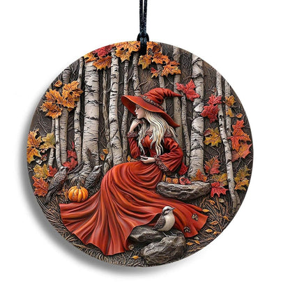 Halloween Stained Glass Window Ornament, Witch Scene with Pumpkins, Acrylic Hanging Suncatcher, Round Wall Art Decor, Witchy Ornament for Home Friends and Family (Two Girls)