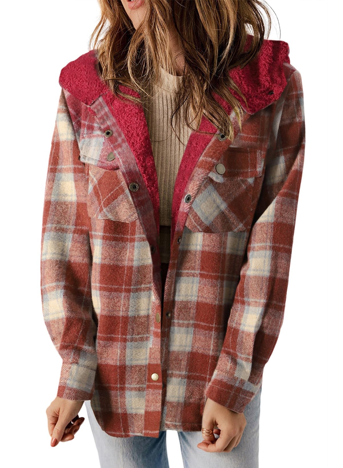 Dokotoo Womens Plaid Shacket Jacket Long Sleeve Button Down Fleece Hooded Jackets Warm Coat