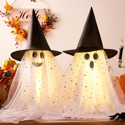 2Pcs Halloween Ghosts Decorations Indoor - Light Up Ghost Crafts with Sequined Netting, Cute Halloween Party Decorations, Spooky Ghost Decor for Home Table Fireplace Kitchen and Office