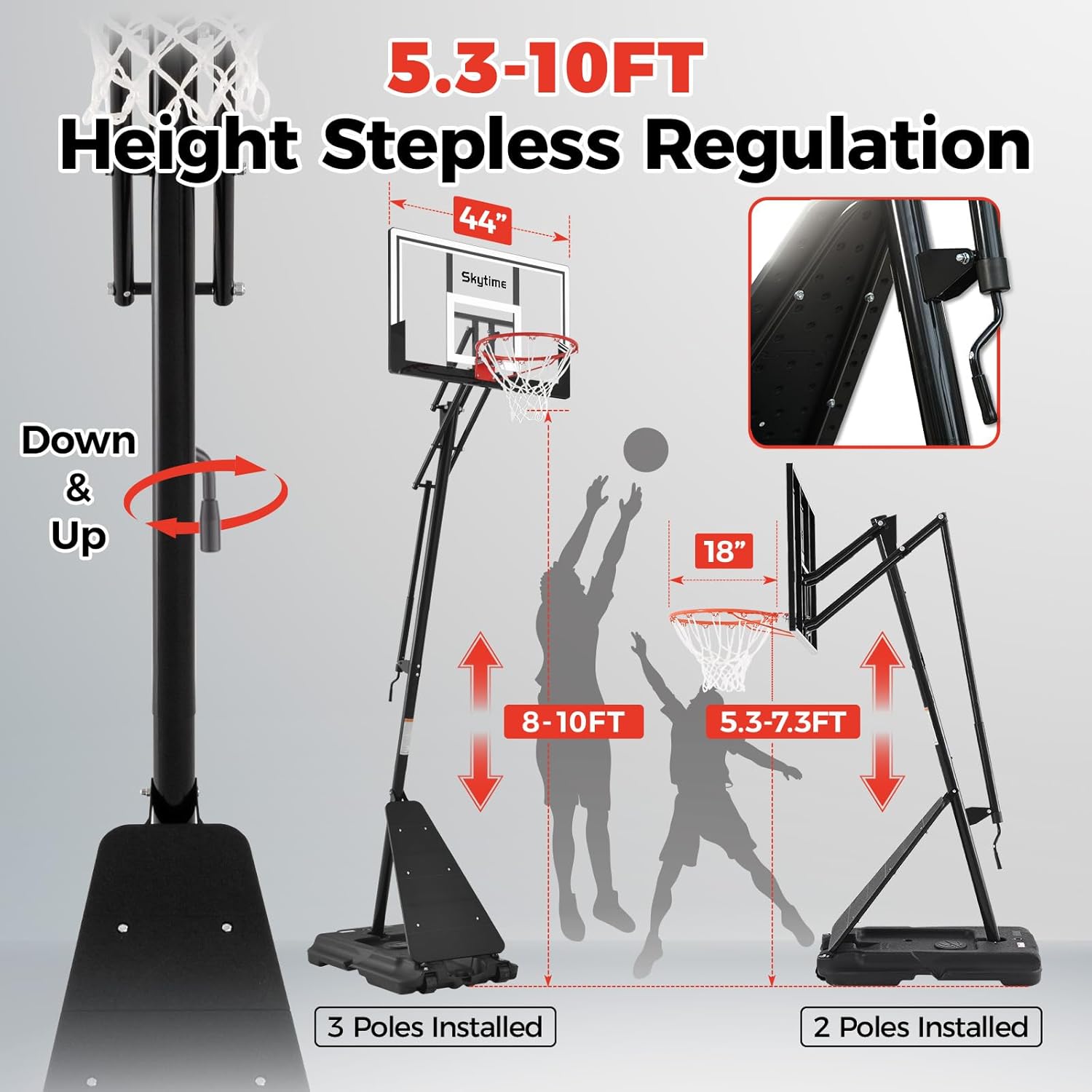 Skytime Basketball Hoop Outdoor,Adjustable Portable Basketbal Goal System with 5.3-10ft Height Stepless Regulation