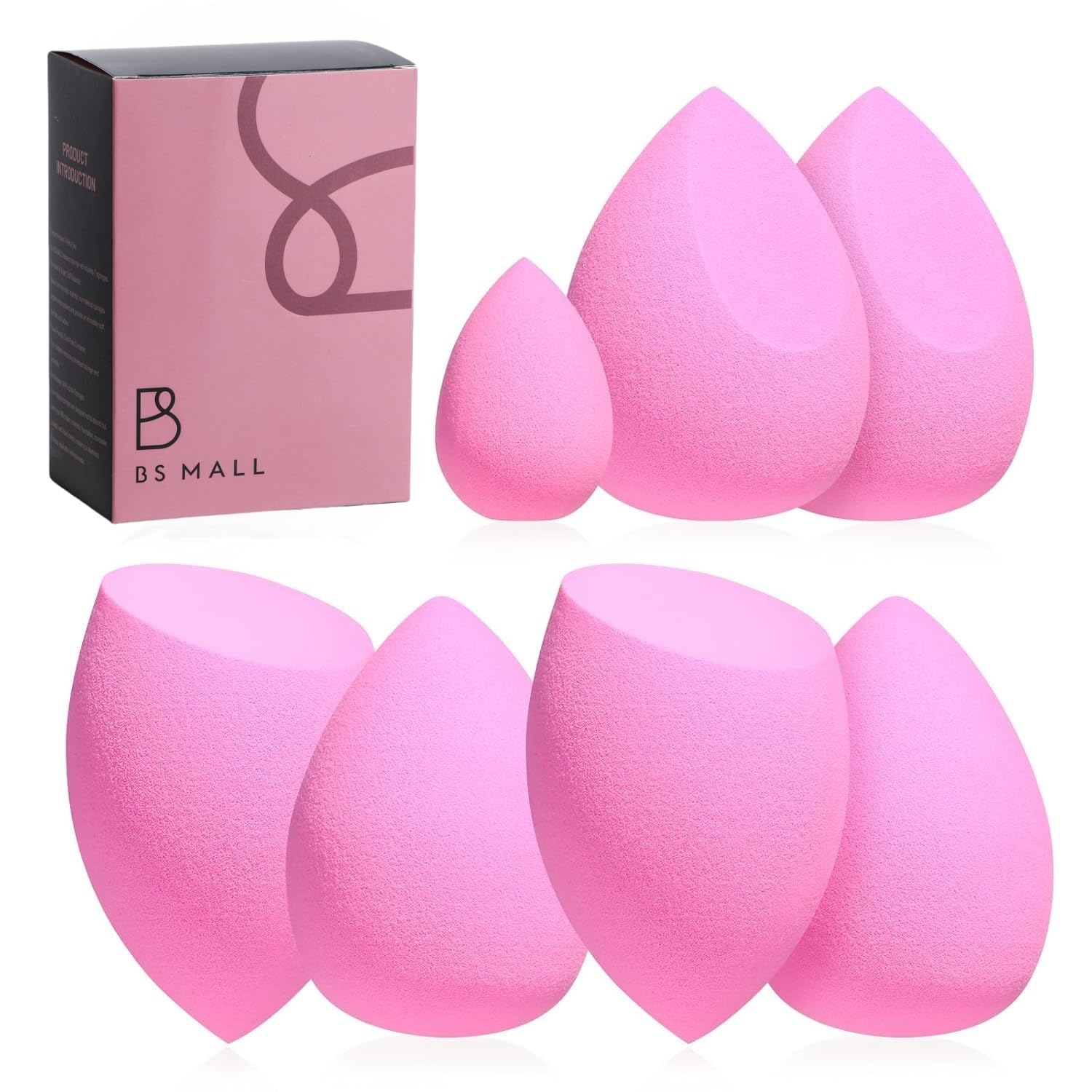 Makeup Sponge Set BS-MALL with Storage Case 7 Pcs for Liquid, Cream, and Powder, Foundation with 1 Mini Makeup Sponge Pink (A-Pink）