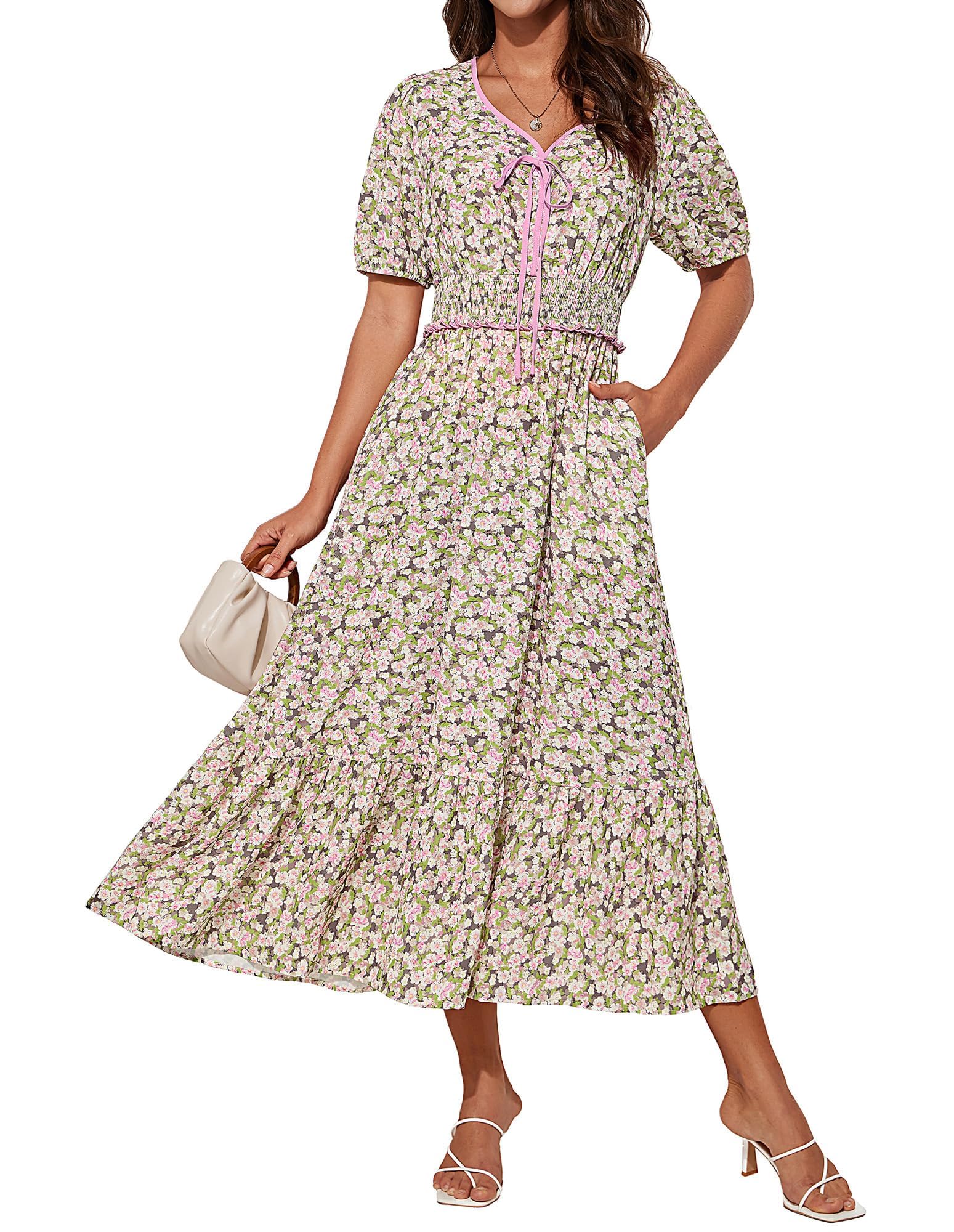 GRACE KARIN 2025 Women's Summer Floral Flowy A Line Midi Dresses Elegant Short Sleeve Smocked V-Neck Tiered Dresses