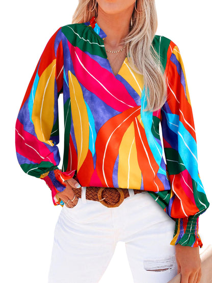 MASCOMODA Womens V Neck Floral Long Sleeve Tops 2025 Summer Casual Loose Puff Sleeve Chiffon Boho Work Blouse Dressy T Shirts