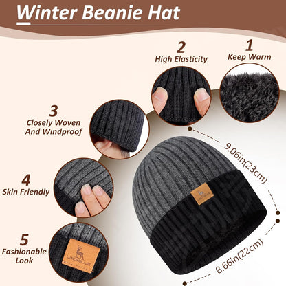 Men Women Winter Beanie Hats Scarf with Touchscreen Gloves Warm Knit Themal Gloves Long Scarf Set with Fleece Lined