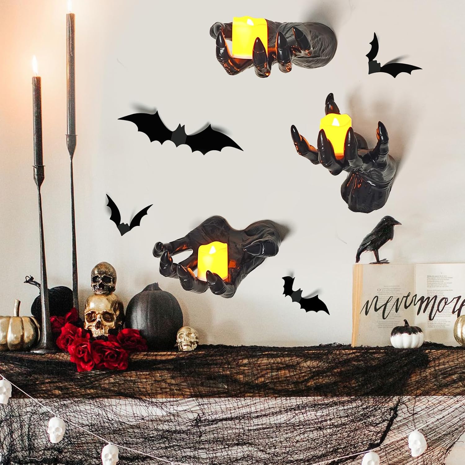 Halloween Decorations Indoor Gothic Decor: Pack of 3 Wall Mounted Creepy Reaching Hands with Lighted Candles for Gothic Wall Decorations