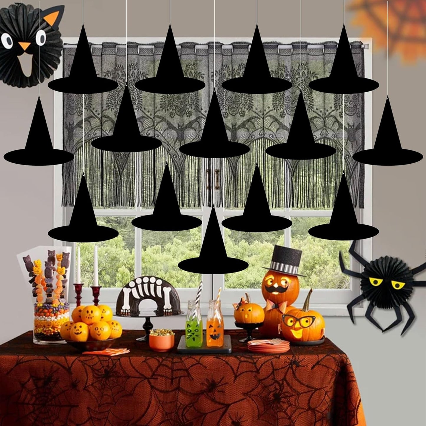 24Pcs Halloween Paper Witch Hat Hanging Decorations, Black Witch Hat Hanging Ornament for Yard Home Ceiling Wall Tree Decor, Spooky Paper Witch Hats Backdrop for Halloween Party Supplies