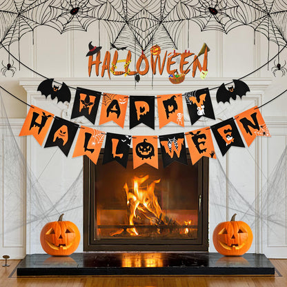 AhfuLife Halloween Party Decorations Set, Reusable Halloween Indoor Decorations Kit Including HAPPY HALLOWEEN Paper Banner for Home Decor, Trick or Treat Sign, Pumpkin Bat Hanging Swirl