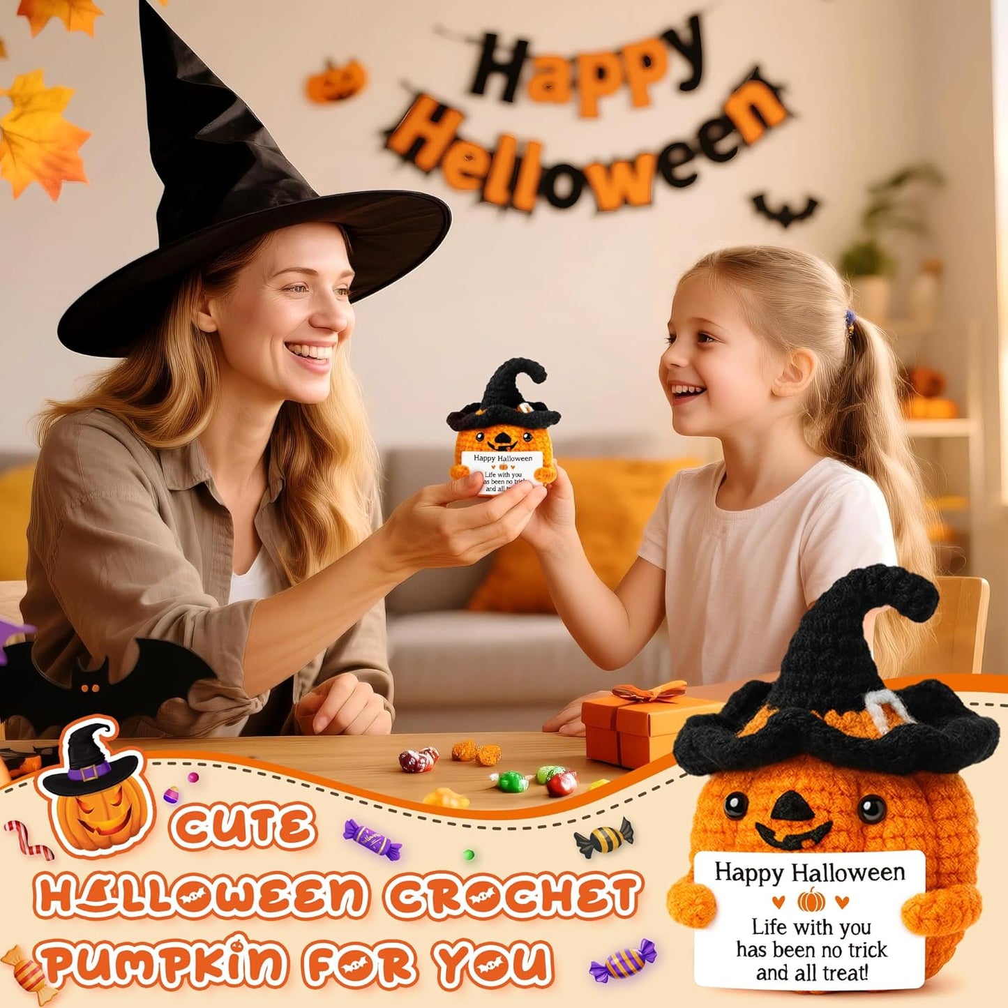 BdayPtion Mini Pumpkin Halloween Boo Basket Stuffers Gifts for Kid Women Men Spooky Halloween Decorations Indoor Gifts for Teen Girl Boy, Thanksgiving Decorations, Handmade Crochet Pumpkin Decor