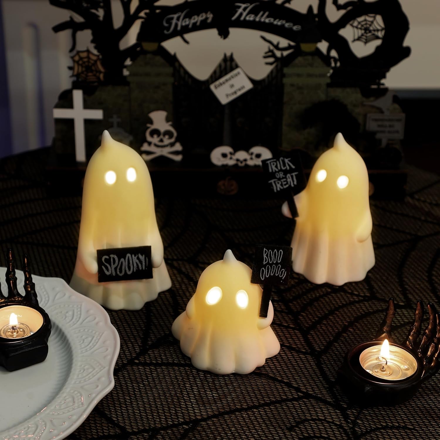 FORUP Halloween Ghost Decor, Set of 3 Lighted Cute Ghost for Halloween Indoor Home Table Decorations