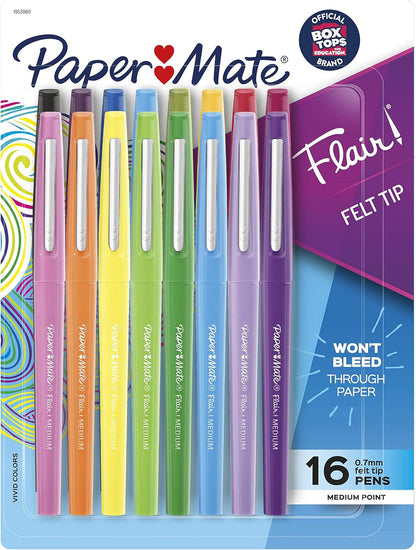 Paper Mate Flair Felt Tip Pens, Medium Point (0.7mm), Assorted Colors, 16 Count